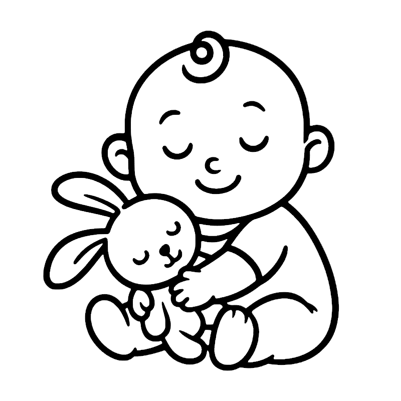 Baby and rabbit cuddle