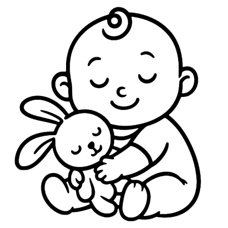 Baby and rabbit cuddle